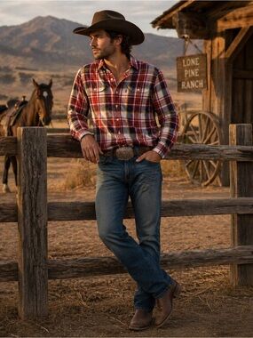 Levi’s Western Plaid Button Down Shirt Men’s Medium Red Yellow Ranch Cowboy